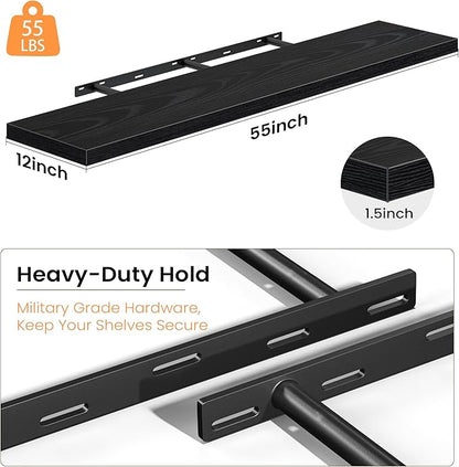 Black Floating Shelves for Wall, 55 Inch Floating Shelves Set of 1, Wall Mounted Rustic Wood Shelf for Bathroom, Living Room, Bedroom and Kitchen, Hanging Shelf for Storage, Books, Home Decor