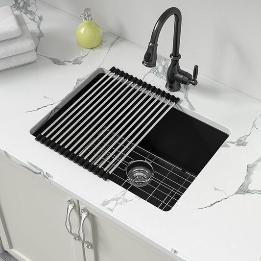 Sarlai 24 Inch Undermount Laundry Sink Granite Composite - 12 Inch Deep Utility Laundry Sink 24x18 Black Kitchen Sinks Undermountcnks Quartz Classic Under Counter Single Bowl Basin