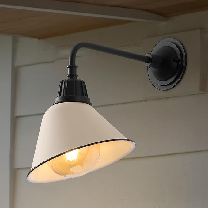 JONATHAN Y 9.63" Matte Almond/Black 1-Light Farmhouse Outdoor Sconce, Industrial LED Wall Light, Gooseneck Arm Barn Lamp with Metal Bell Shade for Porch, Patio, Kitchen, LED Bulb Included (JYL7612J)