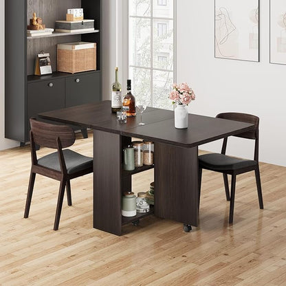 IDEALHOUSE FoldingTable, Drop Leaf Dining Table with 6 Wheels and 2-Layer Storage Shelf, Space Saving Table for Small Spaces (Dark Walnut, 50.1" D x 31.4" W x 29.5" H)