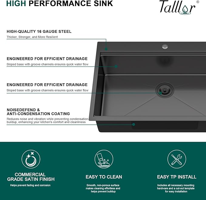 Drop In Kitchen Sink - 33x22 Drop In Gunmetal Black Kitchen Sink with Faucet Combo Workstation NANO-PVD 16 Gauge Stainless Steel Topmount Single Bowl Sinks Round Corners #TL-FDOE00097