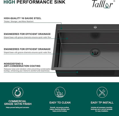 Drop In Kitchen Sink - 33x22 Drop In Gunmetal Black Kitchen Sink with Faucet Combo Workstation NANO-PVD 16 Gauge Stainless Steel Topmount Single Bowl Sinks Round Corners #TL-FDOE00097