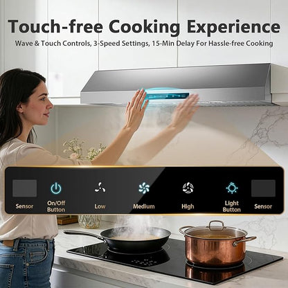 Range Hood 30 inch Under Cabinet, 800 CFM Stainless Steel Range Hood with Gesture and Touch Control, kitchen hood with Carbon Filter, 3 Fan Speed, Ducted/Ductless Convertible