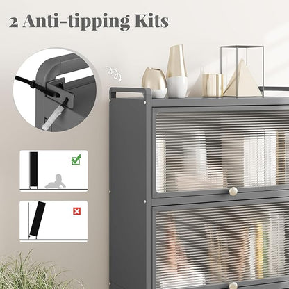 Giantex 5-Tier Kitchen Storage Cabinet, Mobile Microwave Stand with Flip-up PC Doors, Freestanding Kitchen Bakers Rack with 4 Rolling Casters, for Dining Room, Living Room and Study, Grey