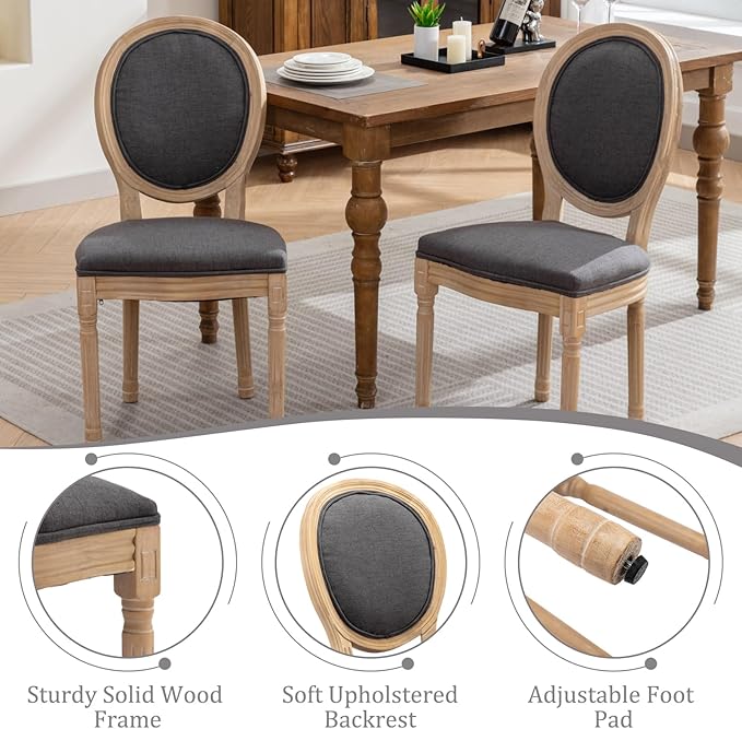 Linen Wooden Dining Chair Set of 2, Upholstered Farmhouse Dining Chair with Solid Wood Frame, Kitchen & Dining Room Chairs for Living Room, Restaurant, Bedroom (Gray-Padded, Set of 2)