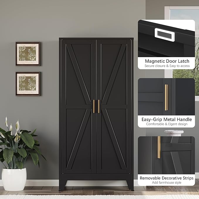 Bevivog 61" Kitchen Pantry Cabinet, Farmhouse Metal Storage Cabinet with 2 Doors and 3 Adjustable Shelves, Metal Pantry Closet Cabinets for Kitchen Bathroom, Home Office, Living Room