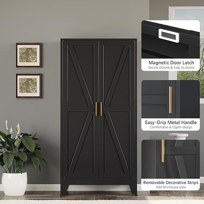 Bevivog 61" Kitchen Pantry Cabinet, Farmhouse Metal Storage Cabinet with 2 Doors and 3 Adjustable Shelves, Metal Pantry Closet Cabinets for Kitchen Bathroom, Home Office, Living Room