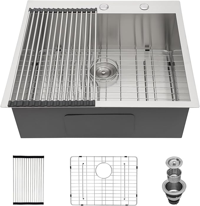 25 Inch Drop-In Utility Sink - 18 Gauge 25×22 Stainless Steel Single Bowl, 9-Inch Deep Topmount Sink for Kitchen & Laundry Room