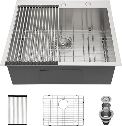 25 Inch Drop-In Utility Sink - 18 Gauge 25×22 Stainless Steel Single Bowl, 9-Inch Deep Topmount Sink for Kitchen & Laundry Room