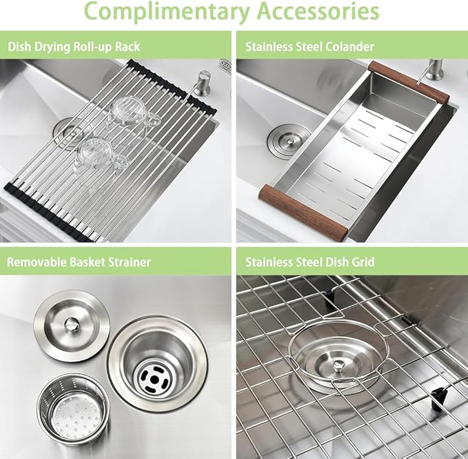 Undermount Kitchen Sink -Bokaiya 32x19 Stainless Steel Kitchen Sink Undermount 18 Gauge Round Corner Deep Single Bowl Under Counter Basin with Colander