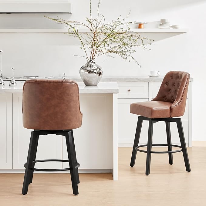 KISLOT Swivel Counter Height Bar Stools Set of 4, 26" Upholstered Faux Leather Barstools with Back,Thick Seat and Square Solid Wood Legs for Kitchen Island Home Bar, Brown