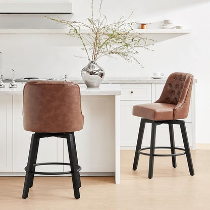 KISLOT Swivel Counter Height Bar Stools Set of 4, 26" Upholstered Faux Leather Barstools with Back,Thick Seat and Square Solid Wood Legs for Kitchen Island Home Bar, Brown