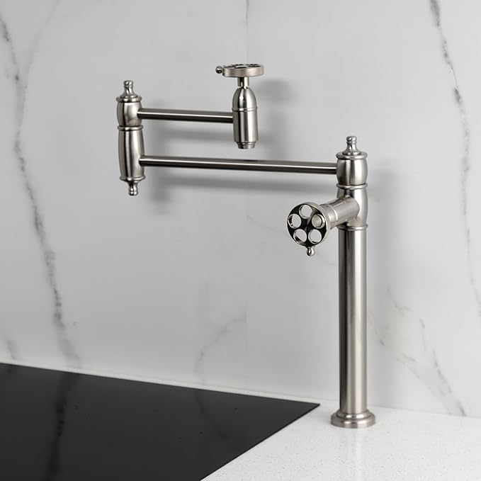Kingston Brass KS3708RKZ Wendell Two-Handle 1-Hole Deck Mount Pot Filler Faucet with Knurled Handle in Brushed Nickel