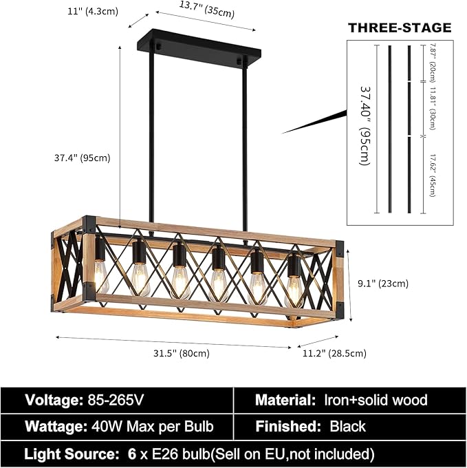 Wood Chandeliers for Dining Room,Black Farmhouse Dining Room Light Fixtures,Rustic Kitchen Light Fixtures for Kitchen Island,Bar, Coffee Shop, Adjustable Hanging Pendant Light 6-Lights