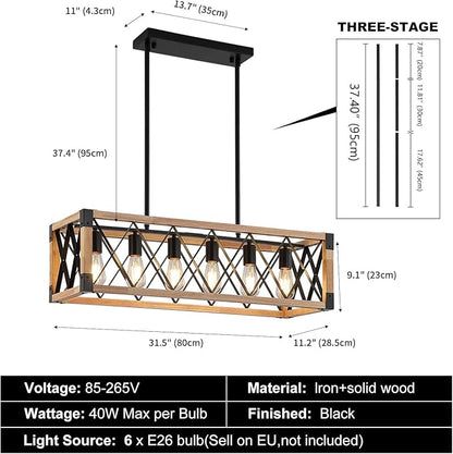 Wood Chandeliers for Dining Room,Black Farmhouse Dining Room Light Fixtures,Rustic Kitchen Light Fixtures for Kitchen Island,Bar, Coffee Shop, Adjustable Hanging Pendant Light 6-Lights
