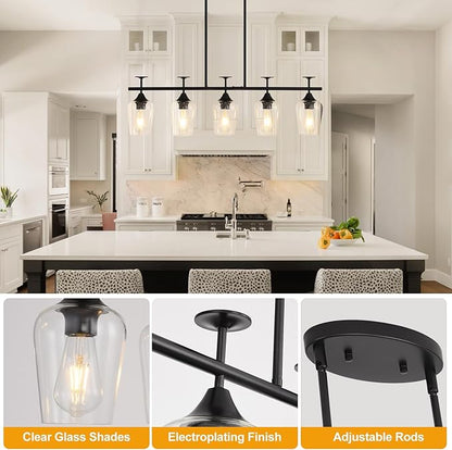 5-Light Linear Chandelier 35.4in Black Kitchen Island Lighting Fixture Dining Room Light Fixture Pendant Lights Ceiling Hanging Modern Kitchen Chandeliers Over Table with Clear Glass Shades