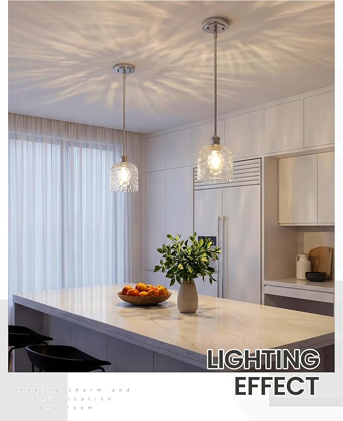 zeyu Industrial Pendant Light,1-Light Hanging Light Fixture Kitchen, Brushed Nickel Hanging Light with Clear Hammered Glass, ZJF63MIL-L BN