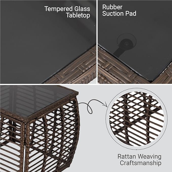 Kinfant Square Outdoor Wicker Side Table – Patio End Table with Tempered Glass Top, All-Weather Rattan Coffee Table for Balcony, Porch, Deck, Garden, Black Gold