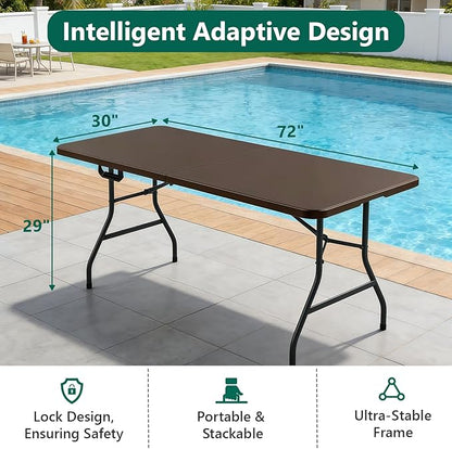Folding Table 6FT Heavy Duty Plastic Table with Handle, Foldable&Portable, Fold-in-Half Utility Tables for Outdoor, Dining, Wedding, Events, Indoor, Picnic, Camping, Party,Brown