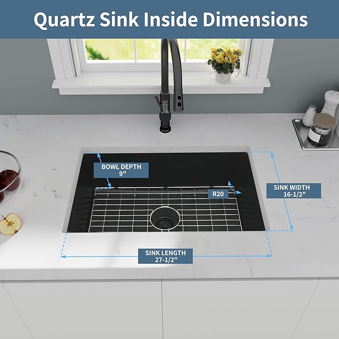 Black Kitchen Sink, Matte Black Granite Composite Kitchen Sinks with Accessories, 30 Inch Undermount Quartz Stone Kitchen Sinks, 30" x 19" x 9" Large and Deep Single Bowl Kitchen Sinks