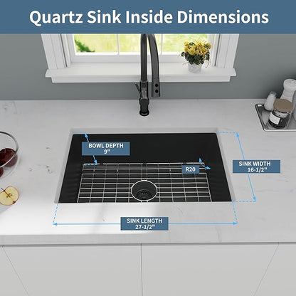 Black Kitchen Sink, Matte Black Granite Composite Kitchen Sinks with Accessories, 30 Inch Undermount Quartz Stone Kitchen Sinks, 30" x 19" x 9" Large and Deep Single Bowl Kitchen Sinks