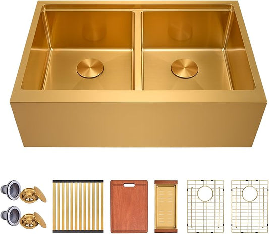 MILOSEN Gold Farmhouse Kitchen Sink, 28x22x10 Inch 50/50 Double Bowl Apron Front Drop-in Workstation Sink, 16 Gauge T304 Gold Stainless Steel Handmade Deep Farm Sink with Ledge & Accessories