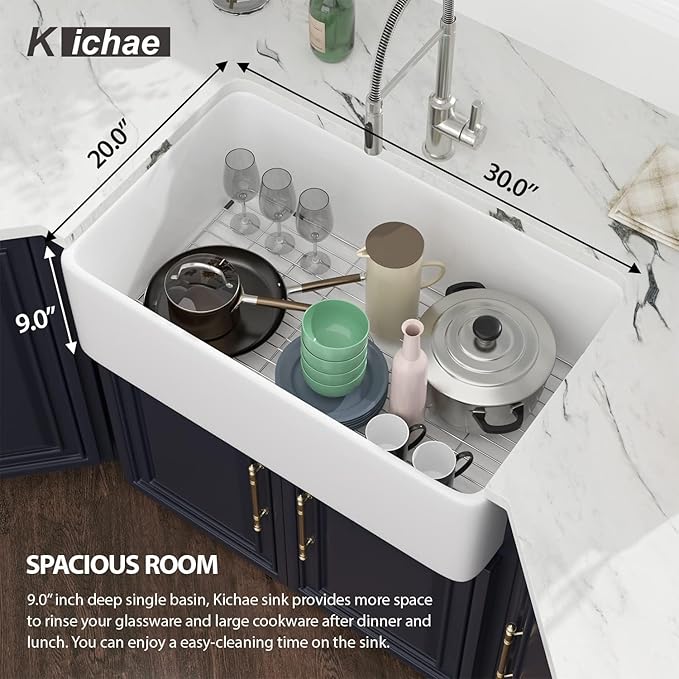 30 Farm Sink White - Kichae 30 x 20 x 9 Inch Farmhouse Kitchen Sink Flat Apron Front White Ceramic Porcelain Fireclay Single Bowl Rectangular Farmer Basin
