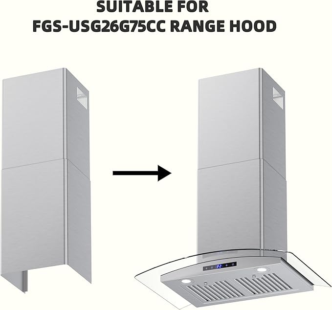Range Hood Extension Chimney FGS-TG26S-ZST, Stainless Steel Wall Mount Chimney Extension for FIREGAS Glass Wall Mount Range Hood FGS-USG26G75CC
