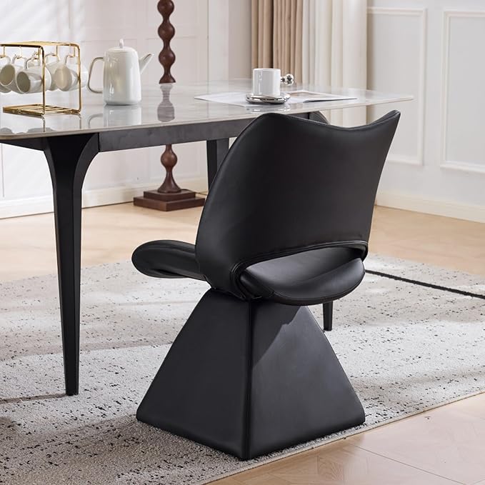 Swivel Dining Chair Upholstered Faux Leather Accent Seat with Curved High Back, Cushioned Foam Padding, Solid Wood and Metal Base, Modern Armless Side Chair for Kitchen Island Vanity Desk (Black)