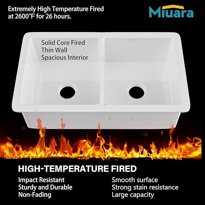 Miuara White Undermount Kitchen Sink 32 Inch Double Bowl 50/50 - Topmount Fireclay Drop In Sink 32"x19"x10", Dual Mount, Heavy Duty Dual Basin, with 4 Custom Accessories, Glossy White, for Kitchen