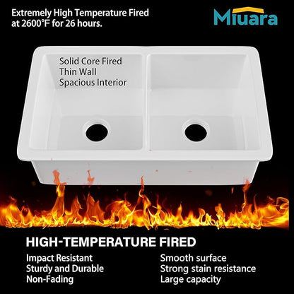 Miuara White Undermount Kitchen Sink 32 Inch Double Bowl 50/50 - Topmount Fireclay Drop In Sink 32"x19"x10", Dual Mount, Heavy Duty Dual Basin, with 4 Custom Accessories, Glossy White, for Kitchen