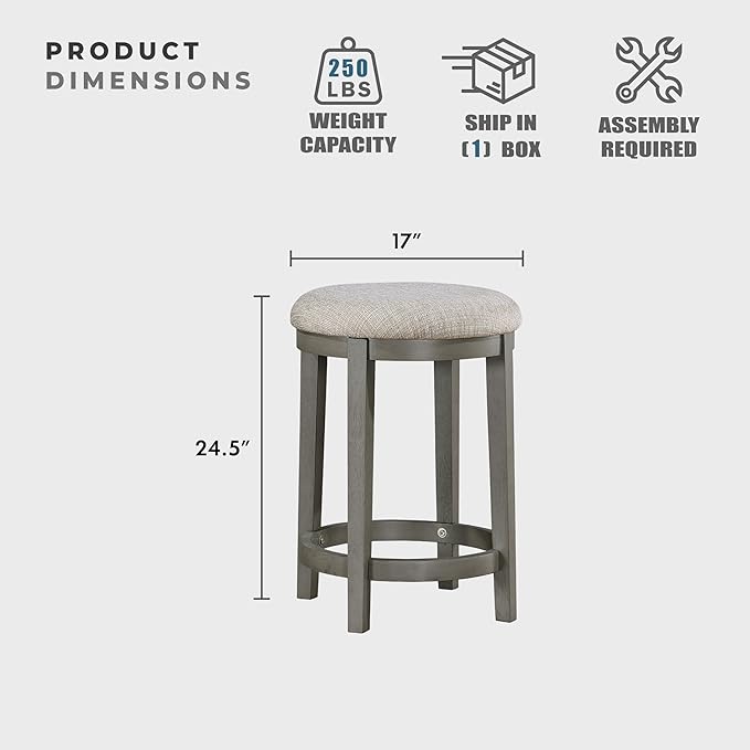 Lexicon Counter Height Stools Set of 2 - Counter Height Stools for Kitchen Table, Padded Cushion, Light Grey Wood Finish and Grey Fabric Cushion Seat
