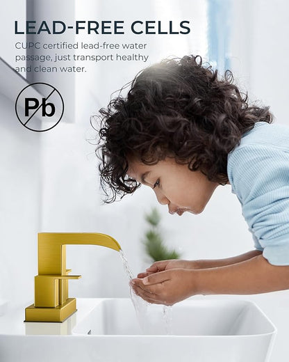 FORIOUS Square Brushed Gold Bathroom Faucets for 2 Hole or 3 Hole, Waterfall 4 Inch Centerset Bathroom Sink Faucet with Pop-up Drain and Supply Lines, Two Handles for Vanity, Laundry Room, 2 Pack
