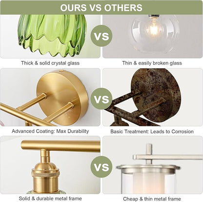 Gold Bathroom Light Fixtures Over Mirror, 2 Light Bathroom Vanity Light Fixture with Tulip Green Glass Lampshade, Vintage Vanity Lights for Bathroom, Bathroom Vanity Lights Over Mirror