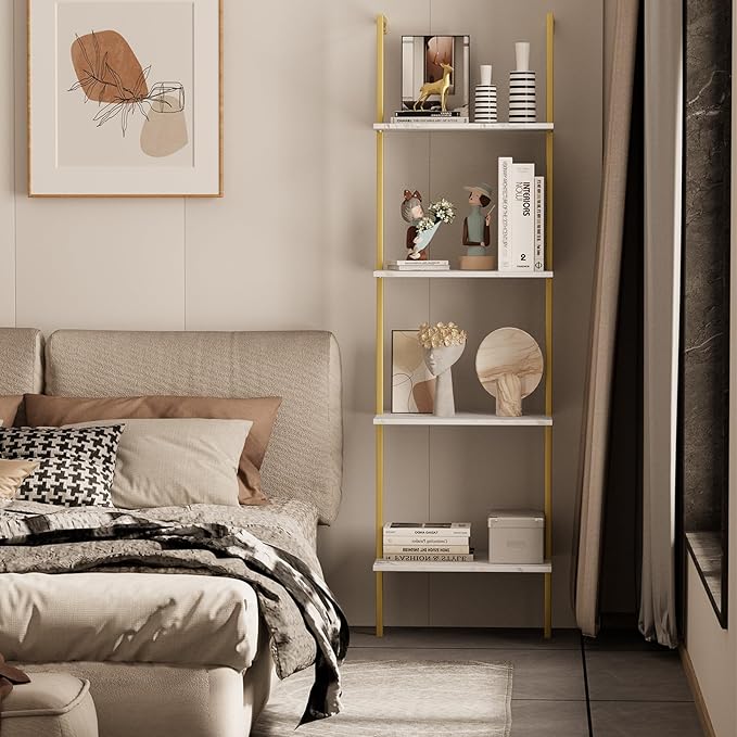 Wolawu Ladder Shelf 4 Tiers Metal Industrial Bookshelf,White Marble Wood Tall Open Storage Rack and Display Shelves,Wall Mount Wide Book Case for Home Office Bedroom,Small
