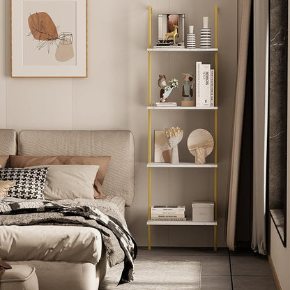 Wolawu Ladder Shelf 4 Tiers Metal Industrial Bookshelf,White Marble Wood Tall Open Storage Rack and Display Shelves,Wall Mount Wide Book Case for Home Office Bedroom,Small