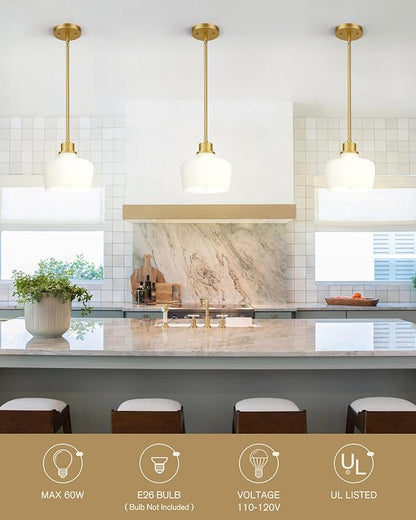 Emak Modern Pendant Lights Kitchen Island, 8 Inch Gold Pendant Light with Milk Glass Shade, Hanging Light Fixture for Kitchen Island, Dining Room, Bathroom, Bedroom, PL122-GD-ML