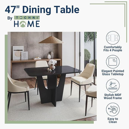 Modern Painted Glass Dining Table for 4 with Tempered Glass Top and Contemporary Wood Base, Elegant and Compact Italian-Style Design for Dining Rooms, Black