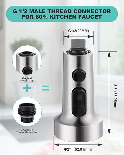 Pull Down Faucet Head Replacement: 3-Function Kitchen Faucet Sprayer Head Replacement with 9 Adapters - Brushed Nickel Sink Faucet Head Compatible with Moen, Delta, American Standard Faucets