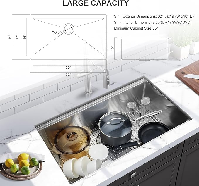 Undermount Kitchen Sink 32x19x10 Inch, Stainless Steel Large Single Bowl Workstation Sinks with 5 Accessories