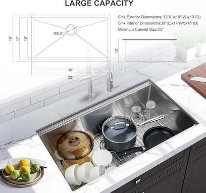 Undermount Kitchen Sink 32x19x10 Inch, Stainless Steel Large Single Bowl Workstation Sinks with 5 Accessories