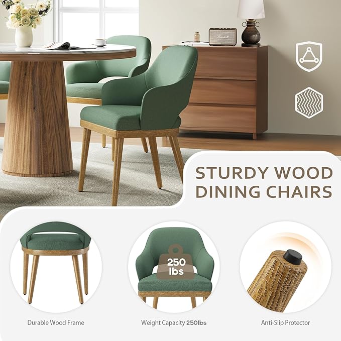 MALOL Wooden Dining Chairs Set of 4, Modern Fabric Upholstered Dining Room Chair, Kitchen Side Chairs, Farmhouse Dinner Chair with Open Back for Kitchen, Green