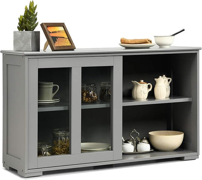 Costzon Sideboard Buffet Cabinet, Wooden Kitchen Storage Cabinet with Adjustable Shelf, Sliding Glass Doors, Accent Coffee Bar Cabinet Console Table for Living Room, Dining Room, Hallway (Grey)