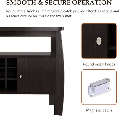 Furniture of America Clyton Modern Kitchen Buffet Storage Cabinet with Doors and Shelves, Wood Sideboard Table, Coffee Bars & 9 Grid Wine Rack, for Dining, Living Room, Dark Espresso