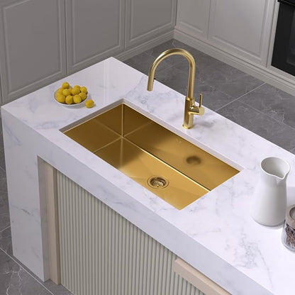 Gold Kitchen Sink 32x18 Inch Undermount Kitchen Sink 16 Gauge Stainless Steel Single Bowl with Accessories Round Corners Handmade