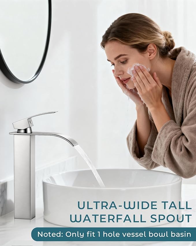 LIFG Brushed Nickel Vessel Sink Faucet, Tall Waterfall Bathroom Faucet, Single Handle One Hole Mixer Bowl Tap with Large Rectangular Spout, Bar Sink Faucet Lavatory Vanity