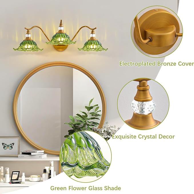 Vintage Bathroom Vanity Light Fixtures - 3 Light Antique Brass Bathroom Lights Fixture Over Mirror with Green Flower Glass,Retro Brushed Gold Bronze Wall-Mounted Vanity Lighting for Powder Room