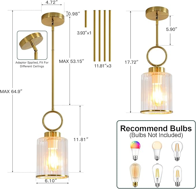 6.1" Modern Clean Glass Pendant Light Round Vintage Farmhouse Pendant Light Fixtures Mini Adjustable Rod Rustic Pendant Lights for Kitchen Island, Dining Room, Bedroom, Hallway, Entryway