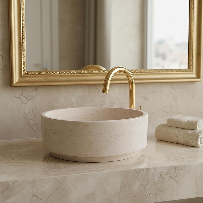 Natural Cream Stone Round Bathroom Vessel Sink,16 inch Beige Marble Bathroom Sink, Vanity Bowl Basin