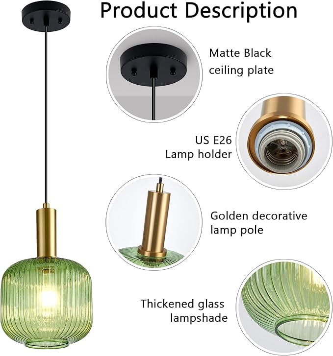 8 Inch Green Glass Pendant Lights Small Modern Chandelier Pendant Lighting Mid Century Hanging Lights Adjustable Kitchen Island Light for Dining Room Bedroom Hallway